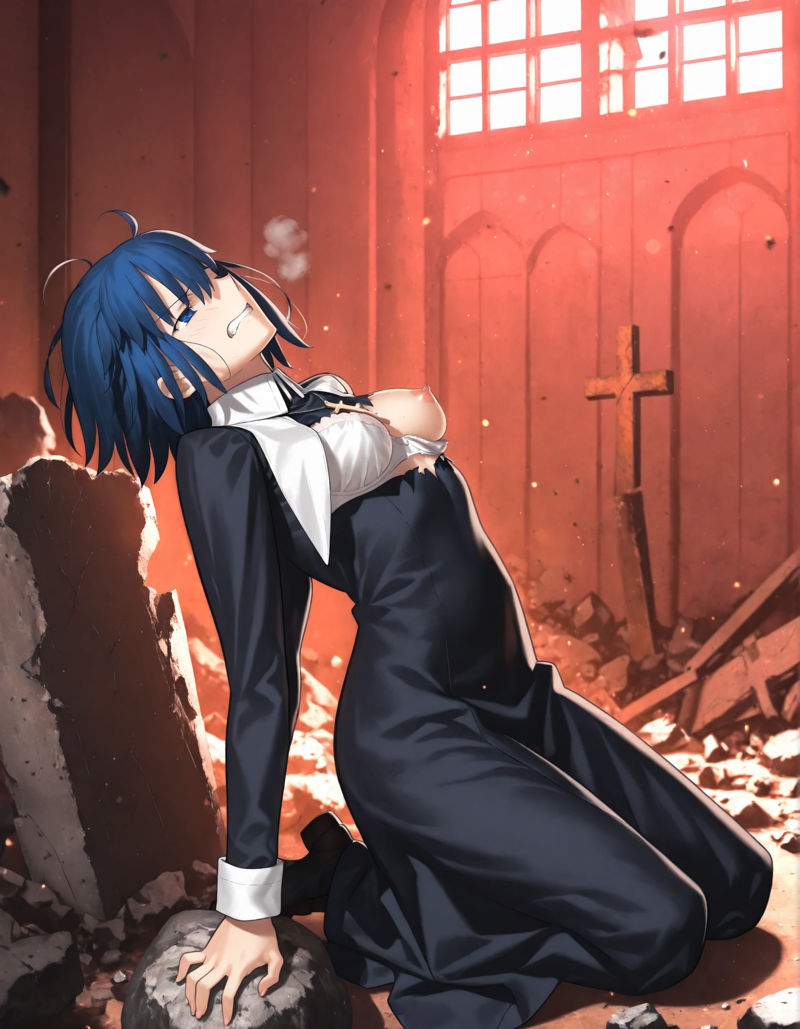 masterpiece, , absurdres, highres, detailed background, high resolution, masterpiece, necessary, detail, best quality, quality, necessary, details, High details, Precise, 8k indoors, ((ruin, blue hour)),night lens flare, blurry background, ,
1girl, Takeuchi Takashi (type-moon,tsukihime) style, takeuchi takashi style, (aged up:1.5),((leaning back, kneeling)), , Debris, ,((torn clothing)),(((grimace, painful))),from above,(arched back) ,
girl, (slender body, slim arms, slim bod), solo, el3gymaster ,ciel \(tsukihime\) ,blue eyes,(half-closed eyes) ,blue hair ,,short hair,(show off nipple, one breast out), (cross ,latin cross ,cross ,holding ,necklace ,nun, long sleeve ),white bra pull, , (medium breasts),(looking away),(hands on rock),clenched teeth,, heavy breath , ,
