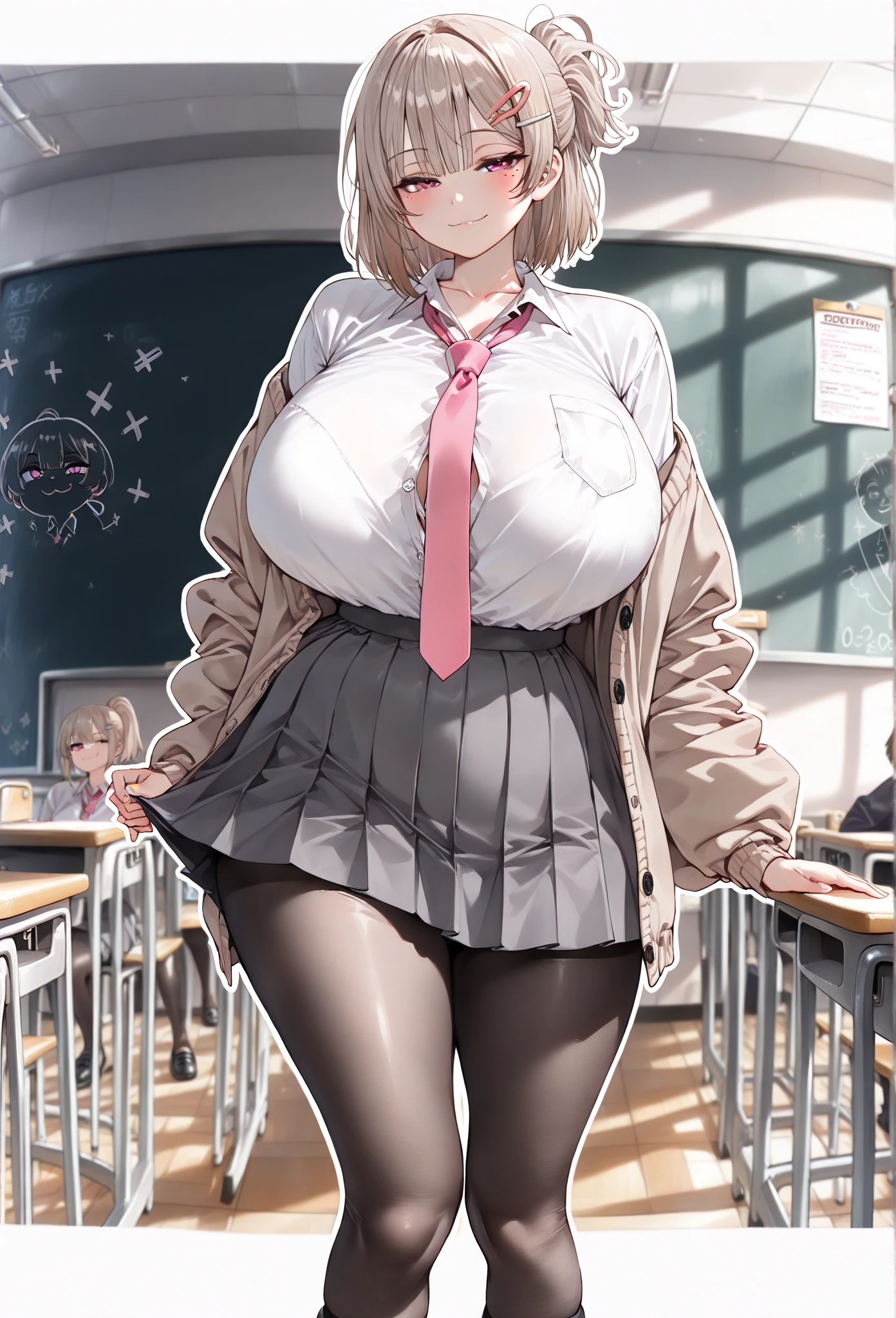solo、Female college student、(Big Breasts、Big Tits)、(Black Hair、Very Short Hair、Boyish cut)、(White off-shoulder ribbed knit、white long sleeves white、White dress white、White Micro Mini White、White mesh panties)、Gold Necklace、(Bare thighs、Smooth thighs)、Black short boots、Stand with your legs spread wide、University、classroom