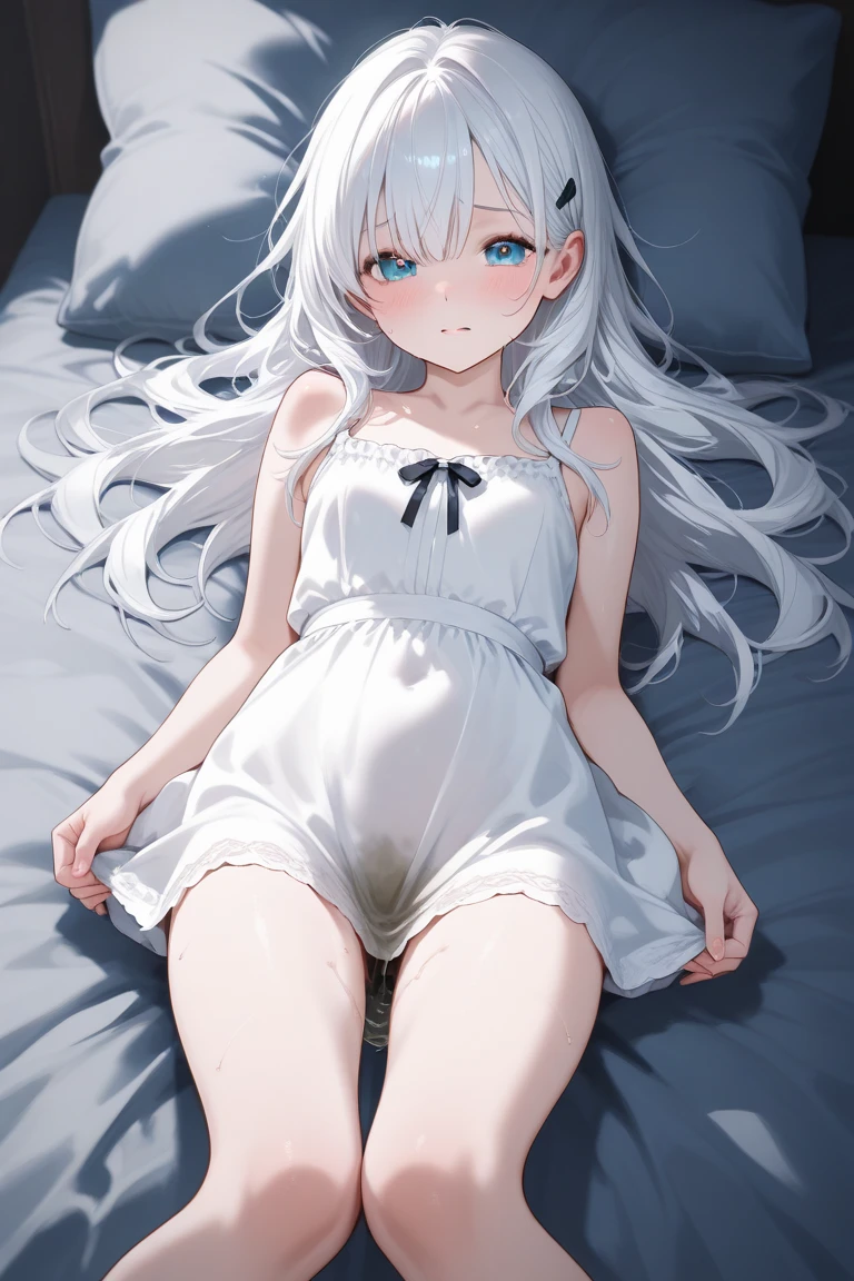 Girl white transparent stockings transparent pajamas legs white hair cute lying 