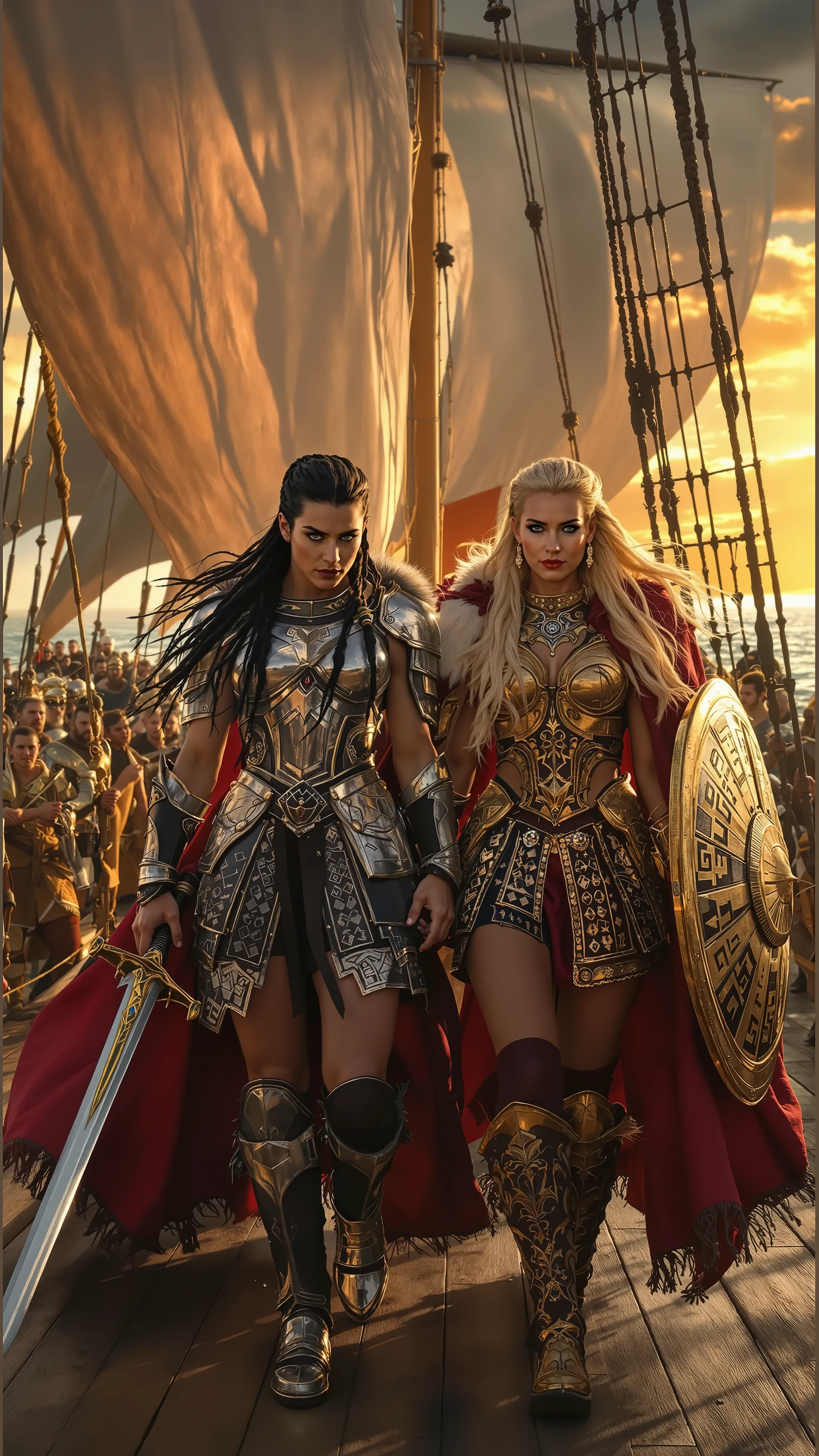 A hyper-realistic image of **two powerful Viking warrior queens walking side by side on a grand wooden longship deck**, the golden sunset reflecting off the **rippling ocean waves**. One queen has **raven-black hair in intricate warrior braids**, piercing **blue eyes**, and wears **ornate silver and black armor with fur-lined pauldrons**, a **battle-worn sword resting at her side**. The other queen has **flowing golden hair with Norse beads woven into her braids**, **emerald green eyes**, and wears **gold-etched armor with a deep crimson cape billowing behind her**, gripping a **Viking shield with runic engravings**. Both have **muscular, battle-hardened physiques, adorned with intricate Norse tattoos and Viking jewelry**. The ship’s massive sail billows behind them, with **Nordic banners swaying in the wind**, and **Viking warriors in the background cheering in triumph**. The sky is **dramatic with golden light breaking through storm clouds**, cinematic lighting, ultra-detailed, photorealistic, UHD --ar 9:16 --v 6.1