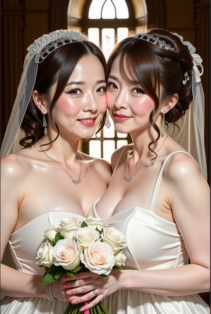 (2 women), masterpiece, top quality, realistic, (1 person in the photo: 1.3), (alone: 1.3), (Japan people), (women on the left and right), (super huge breasts: 1.9), (super big breasts: 1.9), (super big breasts: 1.9), (whippy body), soft skin, sensual, (glamorous), baby face, (look at camera), (silk dress), (camera gaze), full view, (mother and daughter), (parent and child) , (chest sticking out), (wet body), (sheer clothing), erotic pose, (sexy pose), (very young), (cute), (upper eyes), gentle eyes, , sweet pose, happy, natural makeup, glossy lips, (throwing kiss), (light smile of seduction), seduction, (smile), short shoulder-length hair, brown hair, attractive eyes, (drooping eyes), emphasizing cleavage, fluffy jacket, Floral ornament, cleavage see-through, veil, lace fabric, ruffled headband, (exact human body), honey trap, honey trap pose, bouquet, wedding hall, flowers, guide to the back, heart necklace, (wedding dress), (women facing each other), (princess bet: 1.2), (pureerosface_v1: 0.3)