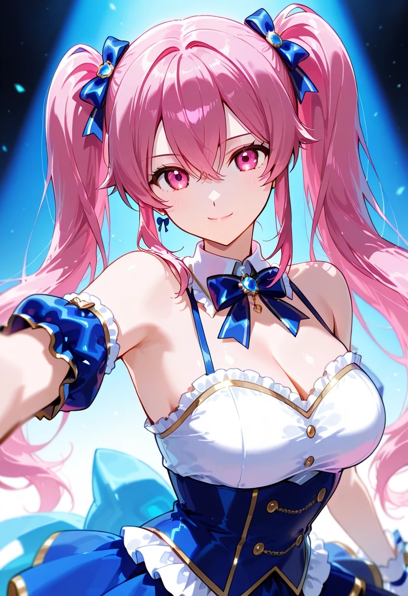 1girl, bangs, bare shoulders, breasts, choker, cleavage,hair ornament,((blue coral hair ornament)), gradient hair, pink hair, blue hair,long hair, pink lips, large breasts, smile, solo, very long hair, blue eyes,(highest quality:1.3),(portrait),(sleeveless), outdoors, lens flare,(poor lighting),(hair bow), hands on hips, navel,(good hands), bare arms