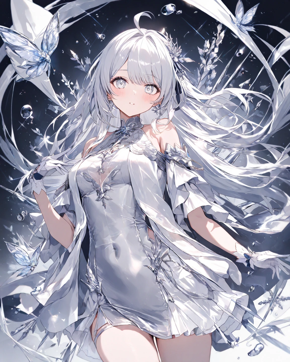ethereal colors, musical notes, sheet music, ethereal glitter, ethereal starfield, ethereal nebula and clouds, colorful rain, vivid colors, ethereal lightning horizon, ethereal color particles,
decorative, intricate, embroidery, depth of field, high quality, masterpiece, absurdres,
1girl, slender body, medium breasts, crystal clear eyes, long hair, crystal jewelry, transparent dress, see trough dress, transparent hair, wet body, water droplets on dress,