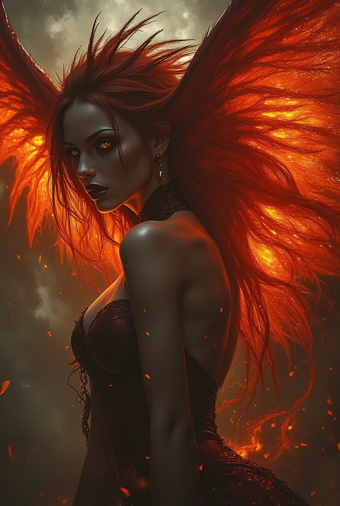 cosmic fallen angel, Long orange hair,Veins pop out on the face,shining red light eyes,Red tears, biomechanics, Spooky, spooky, Nightmare, Very bright color, particles of light, light shines, Musif, wallpaper art, uhd wallpaper,background flame,Volcano in the background、Mr.々The flames and pillars of fire are powerfully depicted.。They are the forces of nature and people.々Symbolizing the faith of、It expresses the mystery and sacredness of volcanoes.。Your work is、Combining mythological and religious elements、God of Fire々Please draw the figure of。
