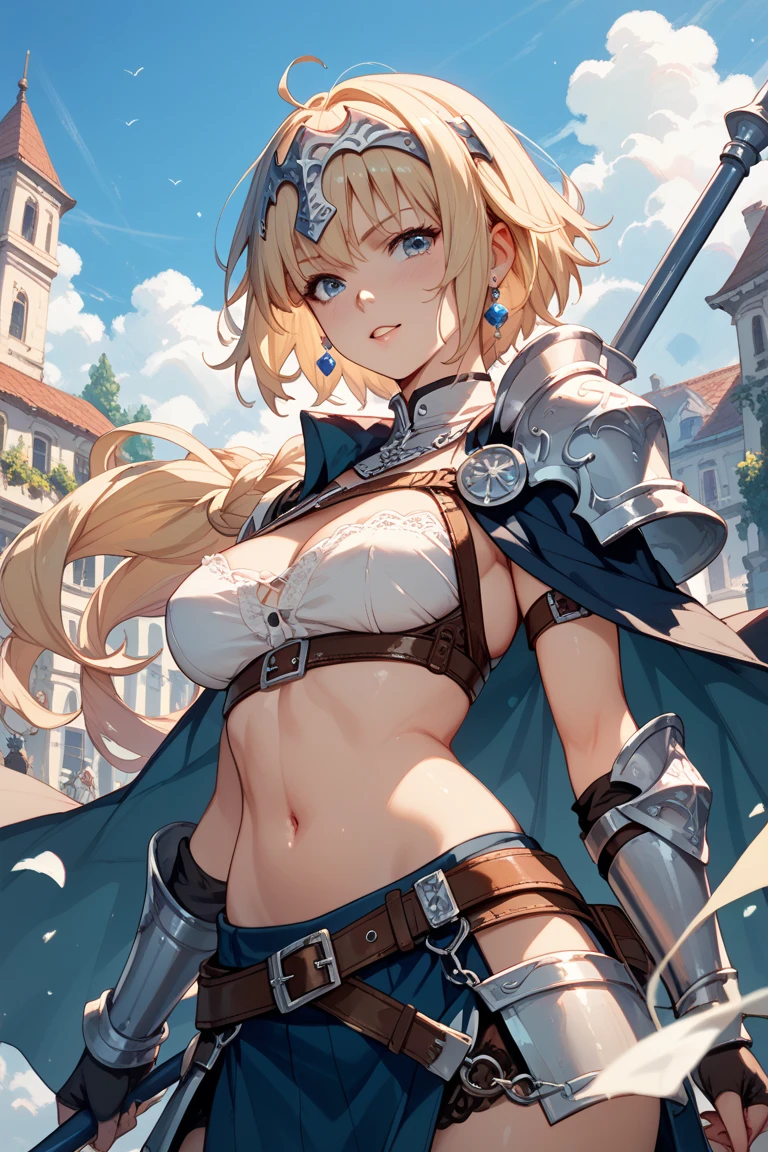 masterpiece, mountainous horizon Upper body, black robe, (((((black bikini armor))))), nsfw, , 1 boy, blonde, Ruby Eye, ((((((hair over one eye,)))))), Braidスタイル, spike hair, dull bangs, bob hair, Braid, Ahoge, cute eyes looking at the viewer From the side, ((from front)), closed mouth, (((abs))) , ((looking up:1.3)), simple eyes, restrained, Are standing, (fang), arms up behind, (disdain), (((breast grab)))