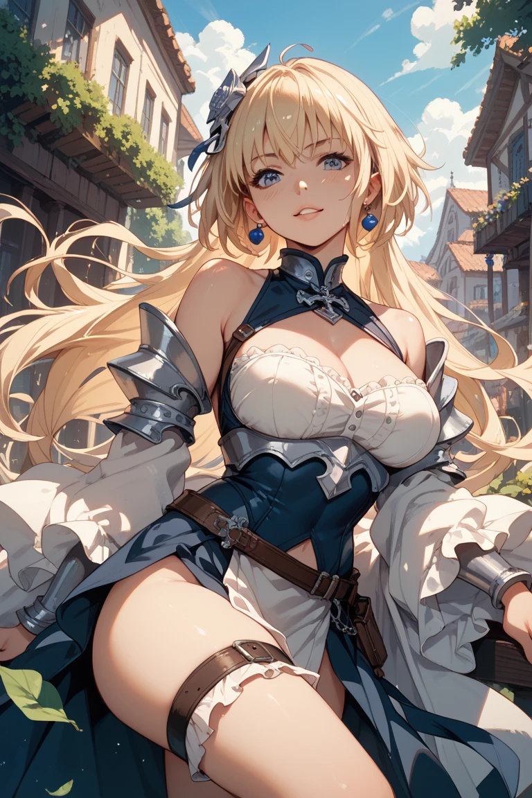 (masterpiece), ((best quality)), (ultra-detailed), wallpaper, 1 tall female, choker, large chest, blonde ponytail, blue eyes, (evil grin), (curvy), high quality hand, armor, leg armor, high quality silver decorations on armor, leaning forward,