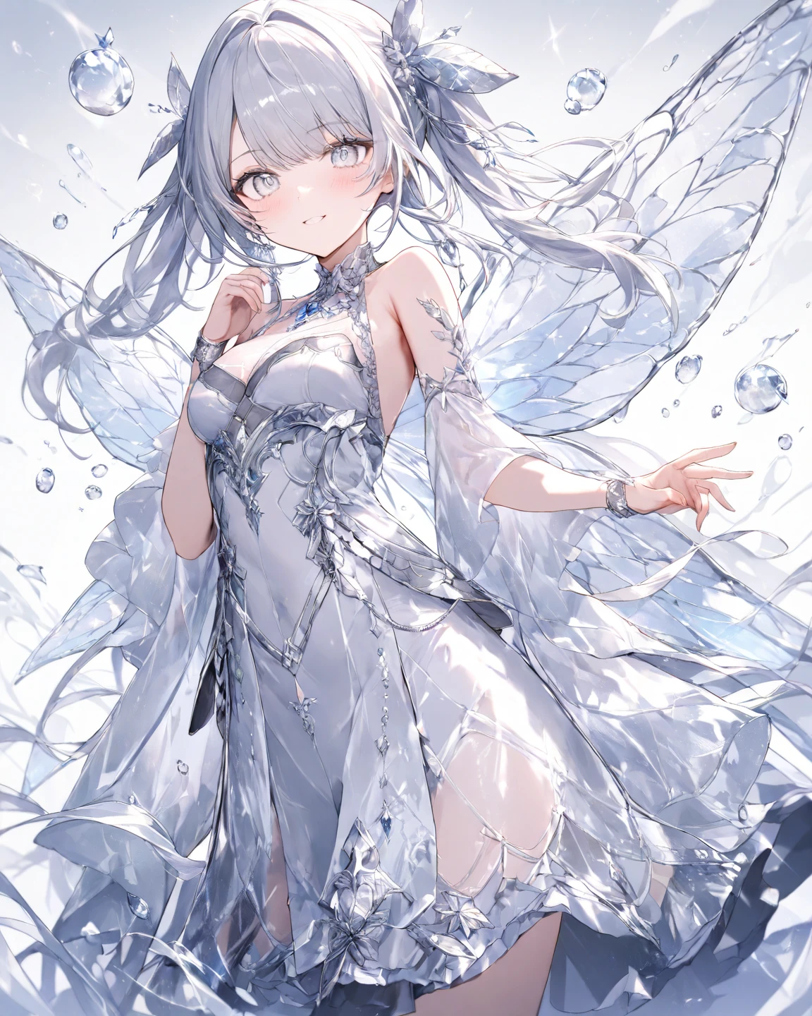 (A close up view) of anime girl, ((sitting on ice)), (mostly naked), barefoot, cinematic light, skin is perfectly white, soft, and smooth, ((no nsfw)), Extremely delicate and beautiful CG illustration, small thigh, slim body, best quality, high resolution, dynamic angle, full-length lens, (1 girl), (water splashing), soft light, high-key lighting), glowing light, feathers fluttering background, blue crystal, (((wearing nothing but a white (transparent) tank top and a transparent skirt)))