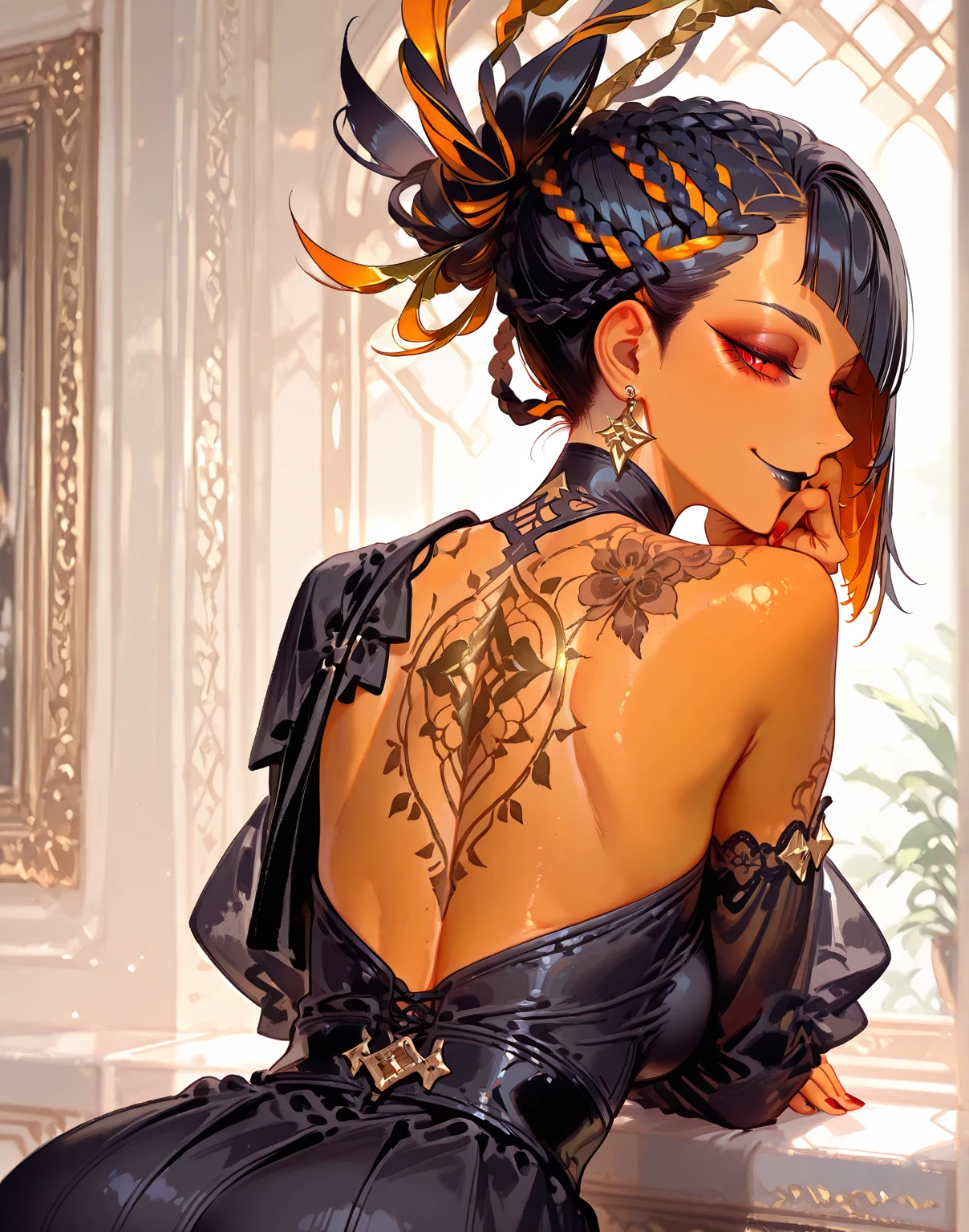 mulher asiatica, cabelo verde, corpo tatuado, tatuagens chinesas, olhos amarelos, dragon eyes, cabelo preso, vestido preto, costas tatuadas expostas, olhando para o visualizador