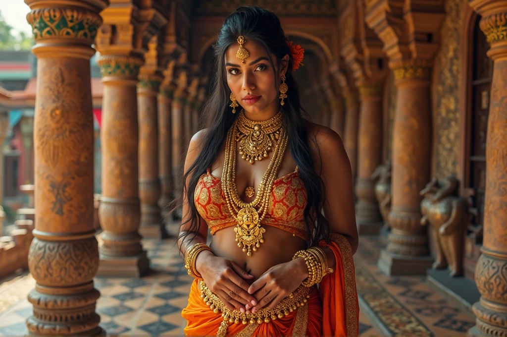 royal, statuesque, indian goddess, magnificent, serene, worship, big eyes, big lips, in ancient temple, elaborate sari, elaborate jewelry, earrings,