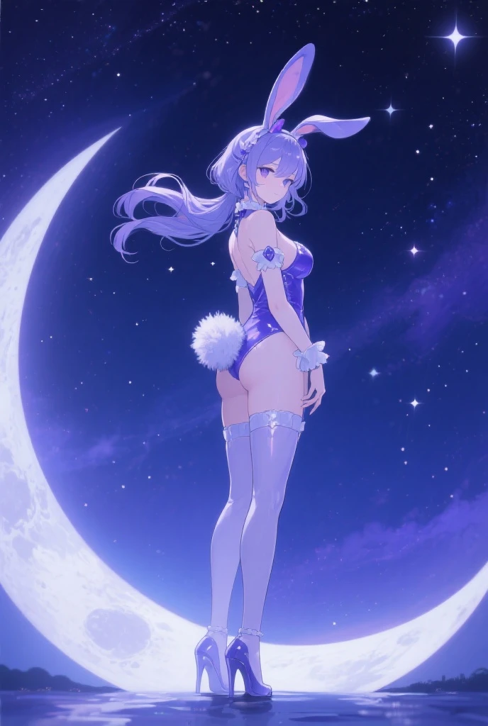 Girl with rabbit ears and medium hair length. Hair as white as ears and eyelashes. Albino. The skin is pale, The eyes are gray-light, like the color of the moon. Wears clothes in the shape of a swimsuit. The chest is ajar, And a raincoat is fastened on the collarbone, which hangs down to the very butt, At the end, crescents hang on the sides. The Eye of God is located, where the cloak is fastened. The Eye of God Hydro. Very long stockings with a fish horoscope pattern.