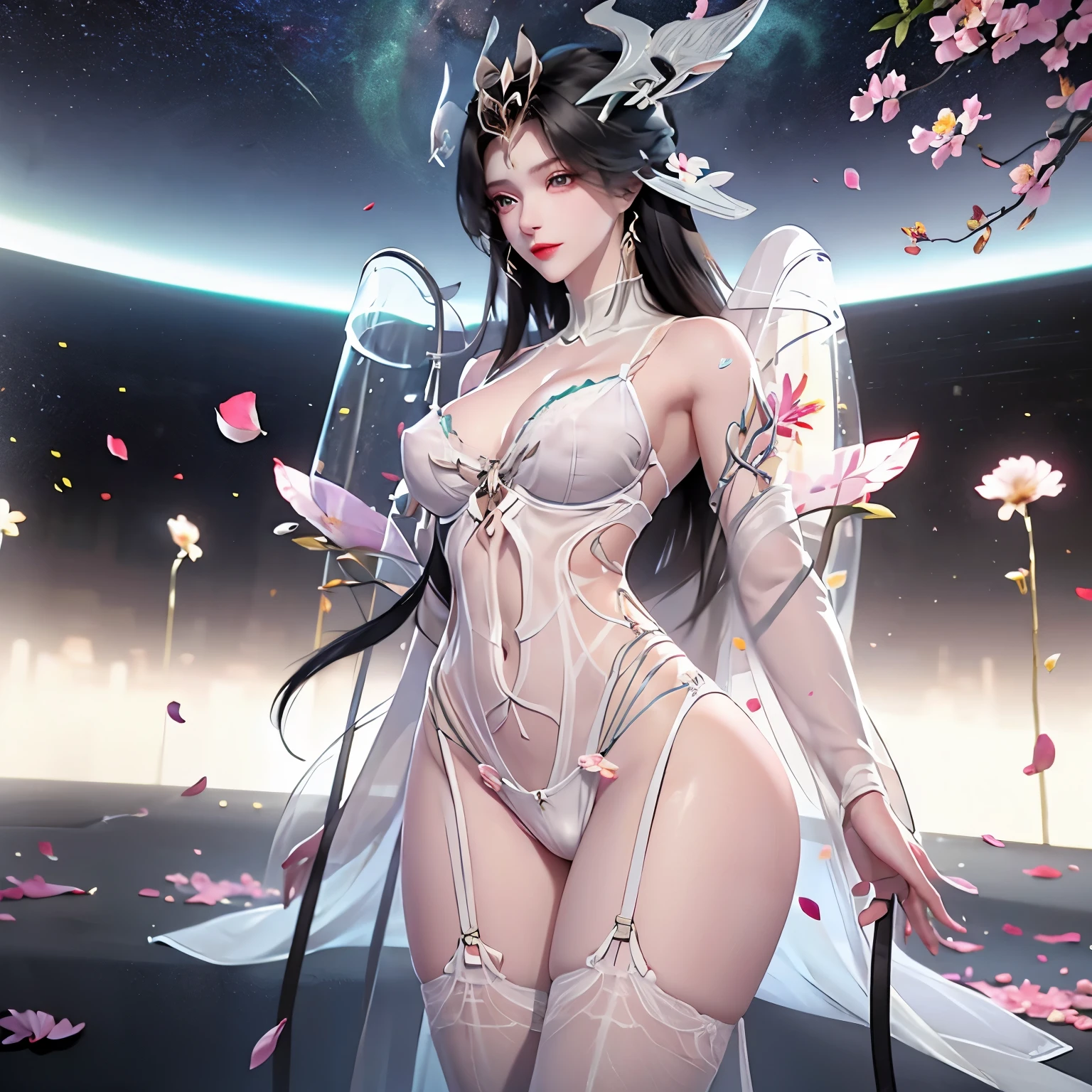 Masterpiece, lightning spear, High Contrast,     eye detail:1.5, facial details,4K, 8k,(    Sexy Bra &  Whatever gender, , photo    Sexy Bra &  Whatever gender, : 1.5),((colorful petals:1.8)),((space colony:1.5)),woman, 1,A demon woman with a meat tail wears a shiny black latex dress:1.5,NSFW (no access to) (, No access) (No access) (No access) (No access):1.2,beautiful and shiny,Super multi-layered,brake,} Cute Pretty Girl  ,perfect proportions of the female sex,giant ,cleavage,Abdomen,stance, pretty black hair   ,beautiful and cute girl face, It Contains Oil,    glossy lip color    ,age,Transparent black dress smiling,Droopy eyes,Eyeshadow,   sexy girl   , brake,(Dark skin:1.4,รอยสักขนหัวหน่าวที่Abdomenน้อย,glowing tattoos:1.4,brake,See below image,   gloomy atmosphere   ,luxurious atmosphere,Seduction,      dark side heroine     ,subcubus girl,my bedroom background,Masterpiece,16k