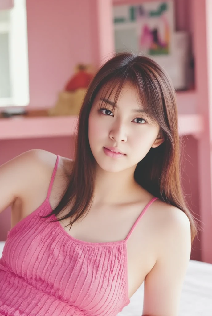 Dark brown hair、Light brown eyes、Japanese actress、 Lady、I am about 40 years old..、(Intricate details:1.2)、(Which one is on top??:1.4)、 (Ultra-high resolution:1.2)、Ultra-high resolution、(Finely tuned)、(Detailed facial features)、Hmph、8K resolution、D cup size breasts、Long Hair、Blocks sunlight and shade、A balcony with a resort feel、Pink flowers are decorated in the background、Pink flowers blooming in a resort area、Decorate your ears with deep pink flowers、white wall、white floor、Full body photo、Head to toe shot、Beautiful legs、white One piece with a wide open back、Blackpink Jenny 私 took this photo with the image of、Beautiful legs、she, Fashion Hub, Extreme Detail, Very detailed, Realistic, Hourglass-shaped body, Obscene pose、Lift your chin a little、Please open your mouth a little、Poses that make you feel weak、Are crying、Deep sorrow、