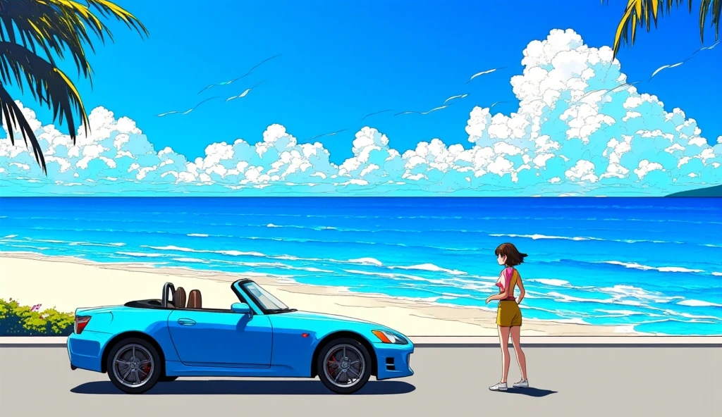 City Pop,New Retro,Convertibles parked on the coast、femele、Adult woman leaning against car、Black hair short hair curled hair、Fetishes、White Open Chest Shirt、Short denim pants、Looking at the sea