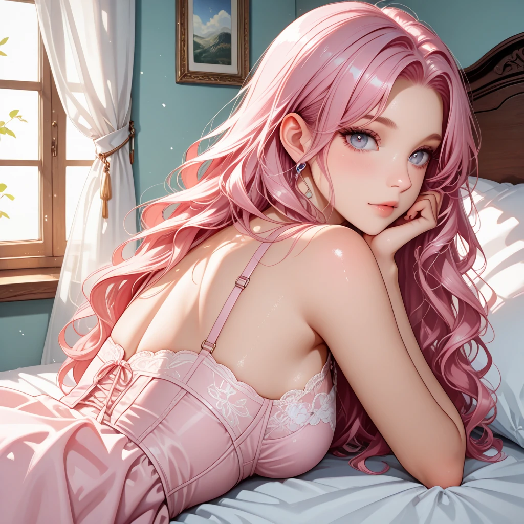 (((I want to see up to the knees:1.5、Ezvian everywhere:1.5)))、masterpiece, High resolution, form, Kyoto animation style, your name movie style, evening, midevening, light, (1 female: 1.3), (alone: 1.4), long eyelashes, extra long pink hair, Red nose, big chest, lying down, naked, Lying on the bed、the flow of tears、(Outstretched hand:1.2)、Mister..々Break、(上半身のみnaked)、big breasts、(((erect nipples:1.5)))、(legs wide open:1.5)、wide waist、White bunny