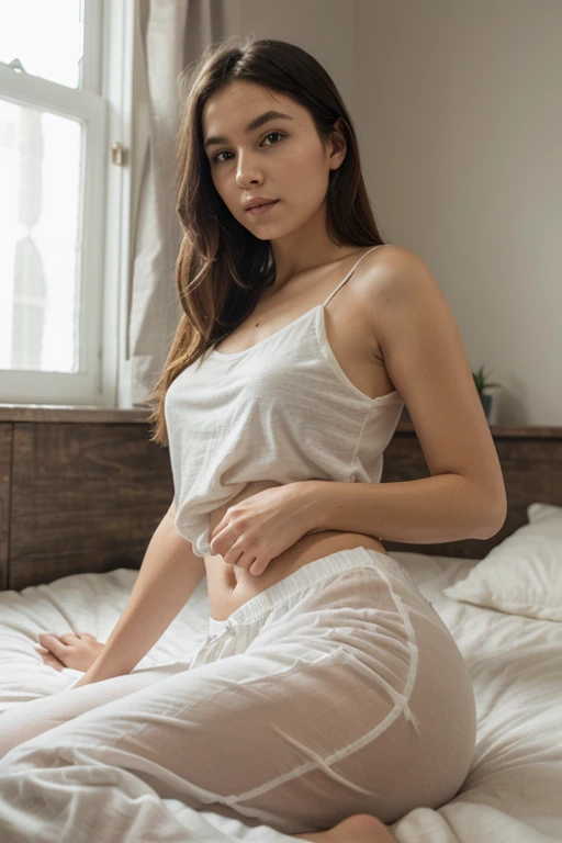 A Cuban girl in a white T-shirt is sitting alone in a luxurious hotel room, engrossed in a book. The room is bathed in warm evening light, creating a cozy atmosphere. The girl has beautiful, detailed eyes that show her curiosity and intelligence. Her lips are also detailed and add a touch of delicacy to her face. The girl's posture is relaxed, with one leg crossed over the other, and her body language emits a sense of calmness and tranquility. The white T-shirt she is wearing contrasts with her slightly tanned skin, creating a visually appealing composition. The room is elegantly decorated with modern furniture and minimalist artwork, giving a sophisticated touch to the scene. The high-quality image ensures every detail is captured, from the fine textures of the girl's clothes to the small wrinkles on the pages of the book. The color tone of the image is warm, with a slight golden hue, providing a cozy and inviting feeling. The lighting in the room is soft and diffused, accentuating the girl's features and creating depth and dimensionality. The overall artistic style of the image is realistic, with a hint of a painterly touch, bringing out the beauty of the scene.