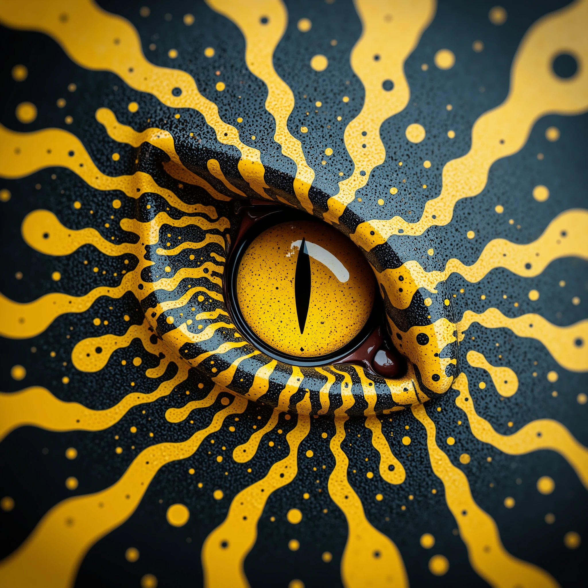 A small single yellow snake eye on an abstract background, the snake scales around the eyes taper out into an intricate abstract pattern of flowing lines