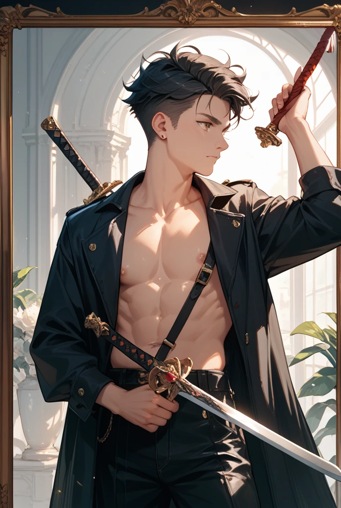 high quality, detailed, Realistic, (19 years old japanese idol slave boy), (detailed black eyes), (black short hair), (abs:1.5), (shiny skin), (leather bondage), dungeon, harness, (leather tiny thongs), (bulge:1.2), candle, (detailed nipples), detailed areola, 