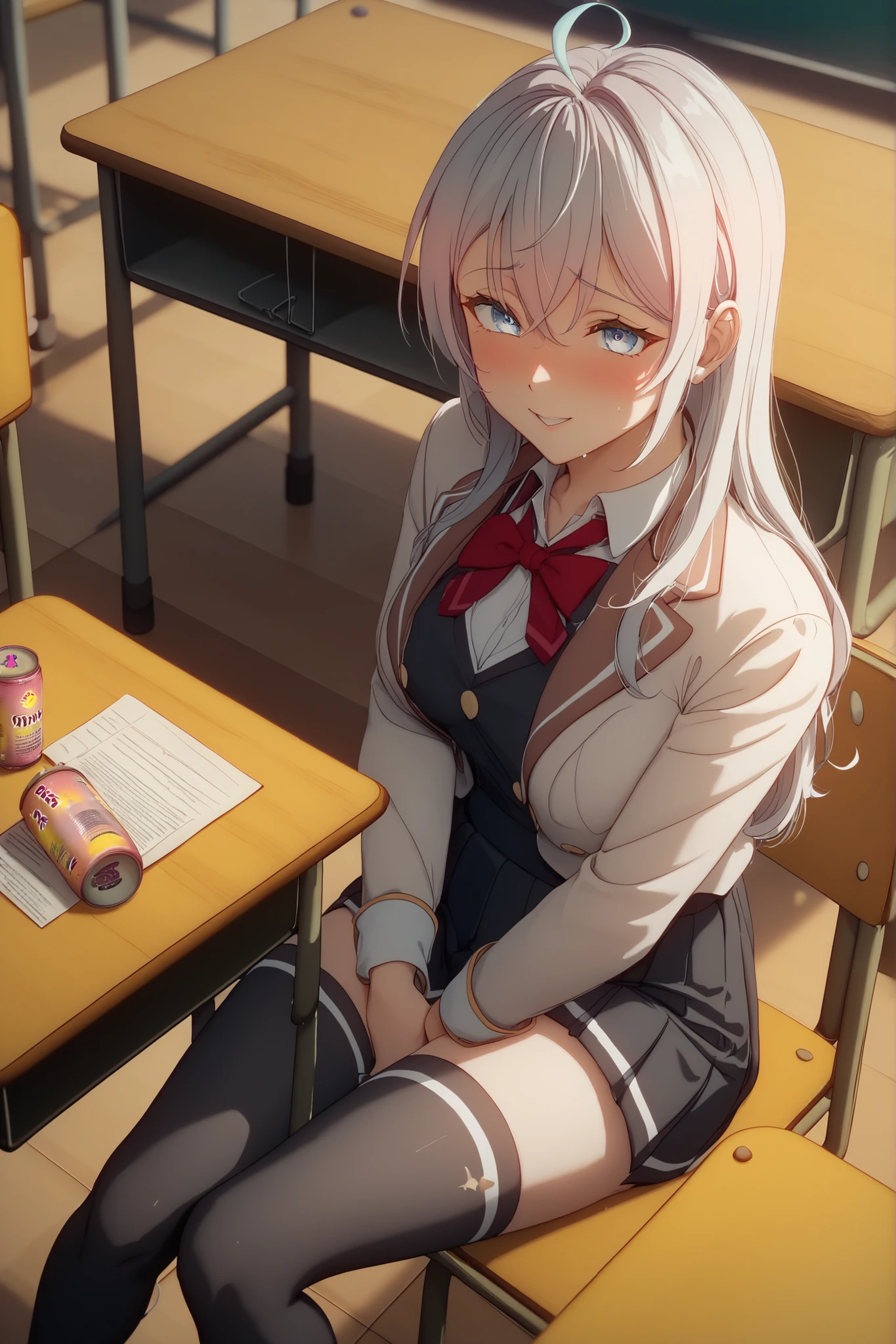 top quality、alya、white long hair、light blue eyes、Japanese Anime、High School Girl、delicate body、big 、very cute、Japanese classroom、sitting at a desk with legs open、 pants in full view with the building in the background、 Seductive expressions 、Shy、black stockings、I feel it when I masturbate、Clothes are sweaty and underwear can be seen through、4K、8K、high resolution、Masterpiece、vibrant colors