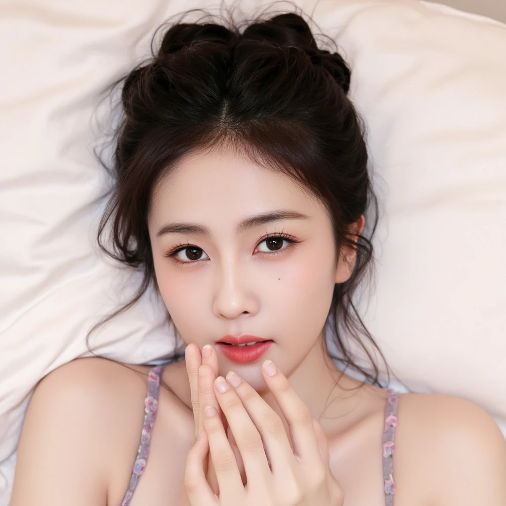 ((Highest quality, 8K, masterpiece :1.3)), Sharp focus:1.2, Bright colors, Professional level, ((Bokeh effect)), Shallow depth of field, 20-year-old female, (A half Japanese, half German woman), ((1 person)), A beautiful face with intelligence, Flexible body :1.3, Model Body Type:1.5, 頭w:1.4, Perfect Style:1.4, Realistic skin texture, Fair skin, Shiny skin, Narrow shoulders, Beautiful clavicle, Long, slender legs, The beauty of slim abs :1.2, Narrow waist :1.2, Highly detailed face, Slim face contour, Beautiful small face, Beautiful Nose, Highly detailed eyes, Long, narrow eyes, Brown eyes, double eyelid, Beautiful thin eyebrows, fine long eyelashes, Fuller lips, Glossy pink lips, My cheeks are red., Beautiful Teeth, Beautiful actress' Perfect Makeup, Silver Necklace, Earrings, Light brown hair, Delicate and soft hair, (Put your hair up, Fluffy short bob:1.2), Layered Cut, (Blunt bangs:1.2),
Mouth half open, Attractive look, Looking into the camera,
((Sleep on your back:1.2)), (Full body image from thigh:1.5), Dynamic Lighting,
(Polka dot short sleeve knit, See-through cardigan, Brightly colored thongs:1.4),
((I'll wrap myself in a futon and do naughty things., She runs her fingers along the crack between her legs., Nipples are visible through the gaps in the clothes:1.5)),