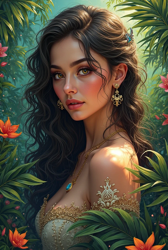 Foto hiperrealista en primer plano de (ALEXANDRA DADDARIO:0.5)(THYLANE BLONDEAU:0.5),(AISHWARYA RAI:0),20 years old,octane render. (photorealistic:1.4),(top-quality), (masterpiece), (seductive pose: 1.2 ),( Sharply focused human skin:1.3),(seductive cleavage:1.4), Frivolous and scandalous, (hyperrealistic detailed skin:1.3), ( shiny skin:1.2),(subsurface scattering:1.4), intricate tattoos, long shiny hair decorated with precious jewels,exotic ornaments , (studio soft lighting:1.4), (surreal exotic natural surrounding in a royal garden: 1.4), (pouting lips drawn in ultra detail:1.4),The most beautiful girls ,8k,16k,trending on artstation,deviantart,detailxl