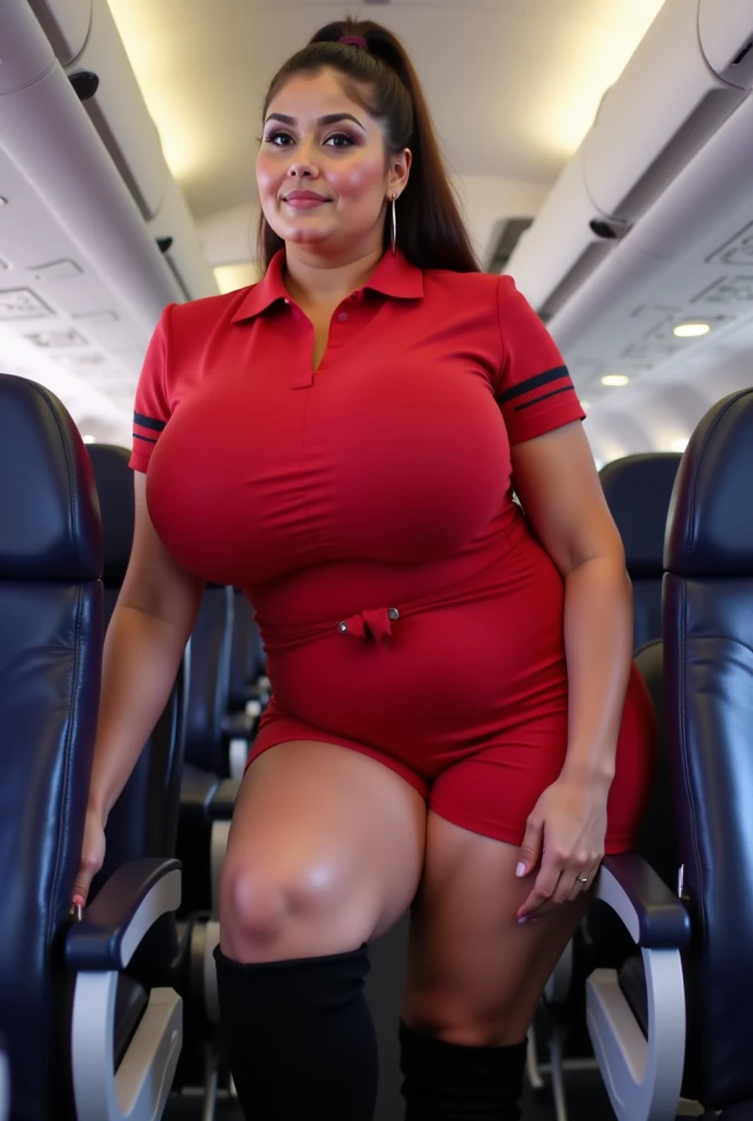 Indian women,30 year old,pretty face, bright red lipstick on lips,she is an pilot,big and voluptuous breasts, gigantic and enormous butt, thickest thigh,huge knockers,widest hips, lowest waist,slim tummy,huge bust,wearing a net panty with mini skirt and a sports bra with a captain hat, breast spilling out of bra,her butt size is 900cm,her breasts size is 900cm, sitting at a captain seat of Planes cockpit