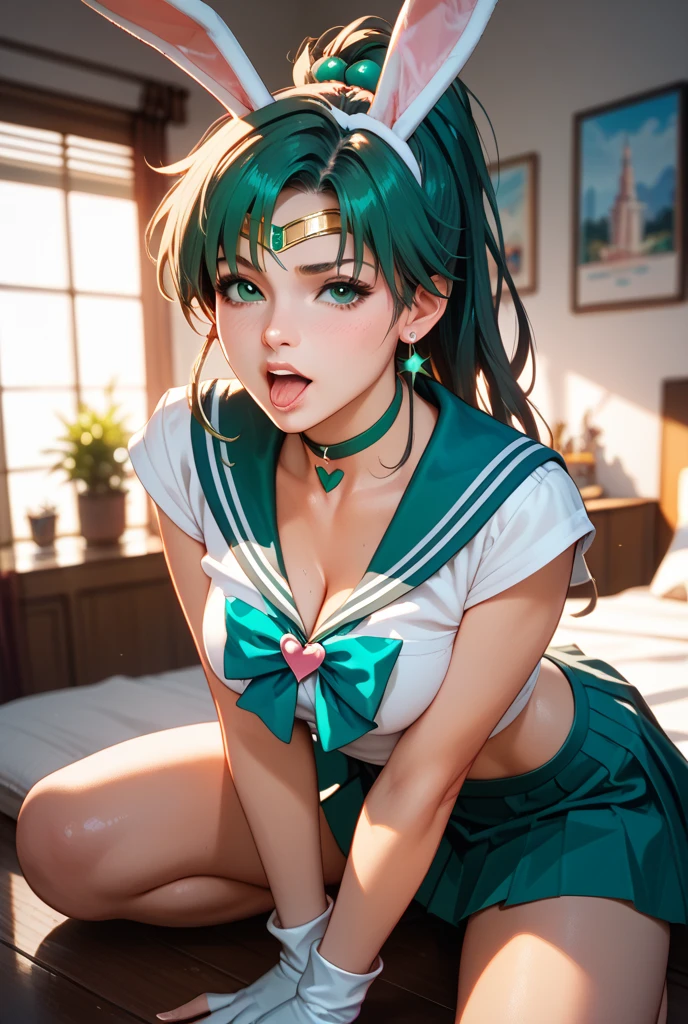 1 girl, (Sailor Jupiter), brown hair, green eyes, (ponytail), (green seifuku), soft, soft light, frills, (dripping, cum, vagina), small breasts, filigree, exposed breasts, eye shadow, (smile, happy, boots), nipples