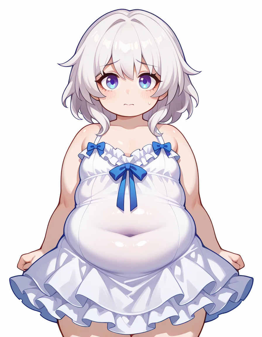 책 더미 위에 앉아 있는 big bust을 가진 애니메이션 캐릭터, Tsk tsk, , She has a jiggly, fat, round belly, brother, Ahegao, Kantai Collection Style, Fat Chan, thick black lineart, Shikamimi, cel shaded animation, brother proportions, big tummy, umamusume,(big bust:1.5), (Black eyes with a slight purple tint:1.5), (Very white and long hair with a bluish tint, weak perm:1.5), (oversized white shirt:1.5), (bare foot, round-rimmed glasses:1.5), (Belly Fat, muffin top, plump:1.1), (smiling faintly:1.5),(human ear,thin legs:1.5),
