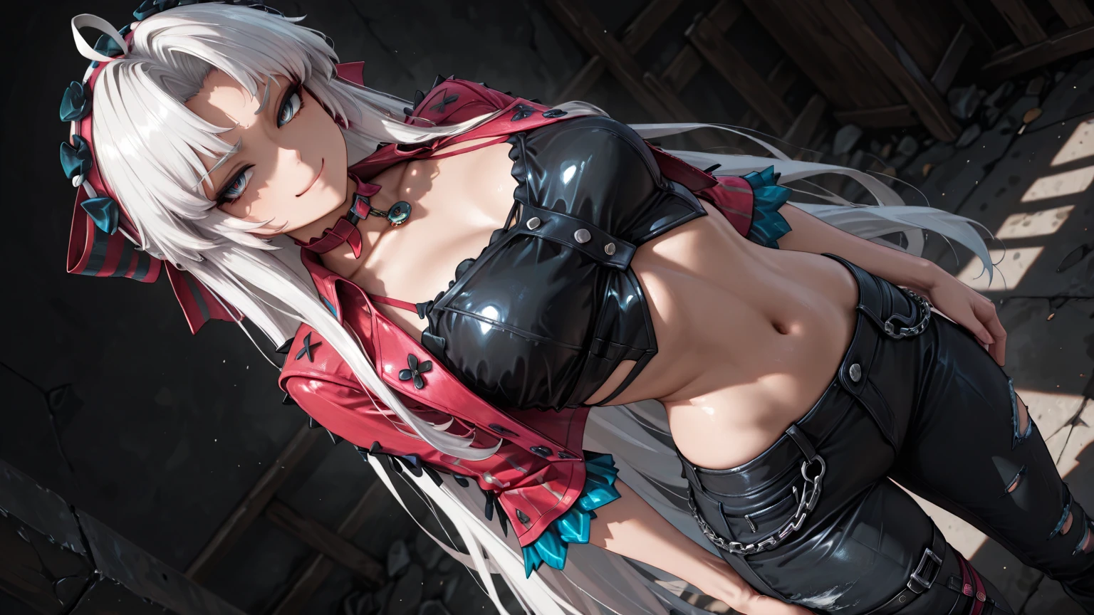 18 year old female，Milky white long hair，red eyes，beautiful eyes，very huge breasts，((3D anime style))，revealing clothes，