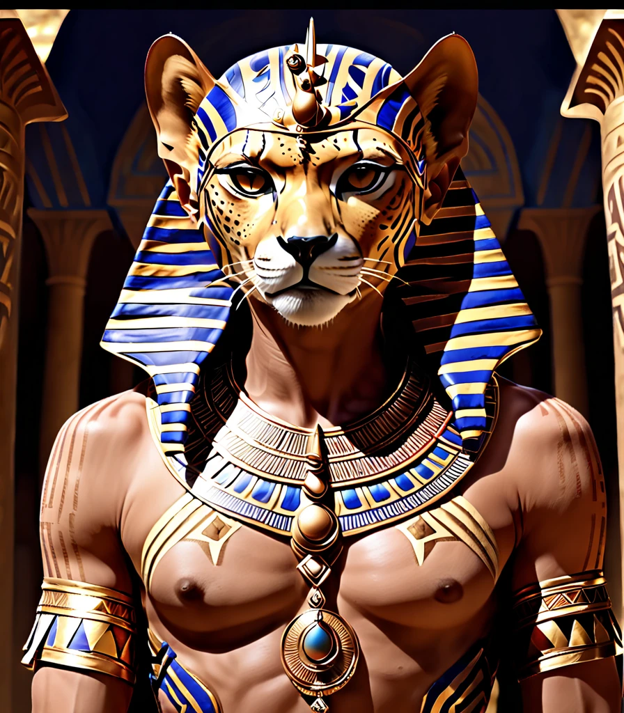 general shot whole body, ((pay attention, a pharaoh cheetah dressed as a pharaoh, human mitas:1.5)), 2 chitas abanicando al chita faraon:1.4, Elegance, gold ornaments, opulence, silk curtains letting sunlight filter in, and moving by the gentle desert wind (raw photo, Best Quality, Masterpiece, photorealistic, of the highest quality, Maximum image quality, high resolution, 8k, HD:1.2), vibrant,ethereal lighting,sharp focus,ultra detailed,((Extremely detailed 8k unified CG wallpaper)), surreal and dreamlike textures,magical and mysterious essence,unexplored and undiscovered wonders,sculptural and abstract elements, transcendent composition, visual effects, photorealistic, digital composition master class