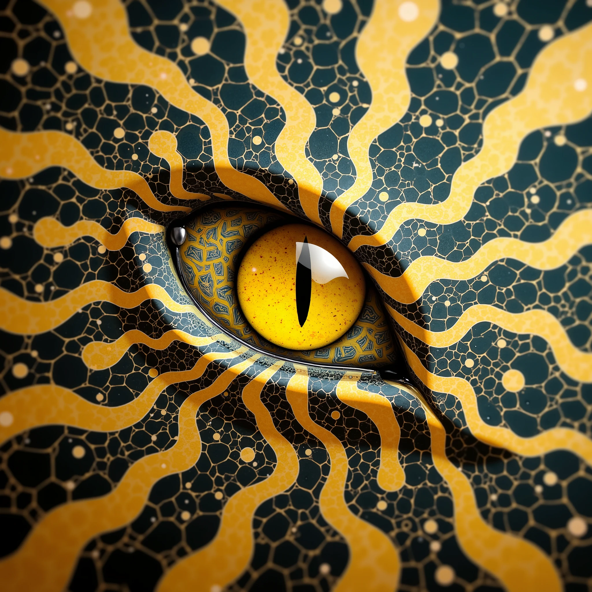 A small single yellow snake eye on an abstract background, the snake scales around the eyes taper out into an intricate abstract pattern of flowing lines