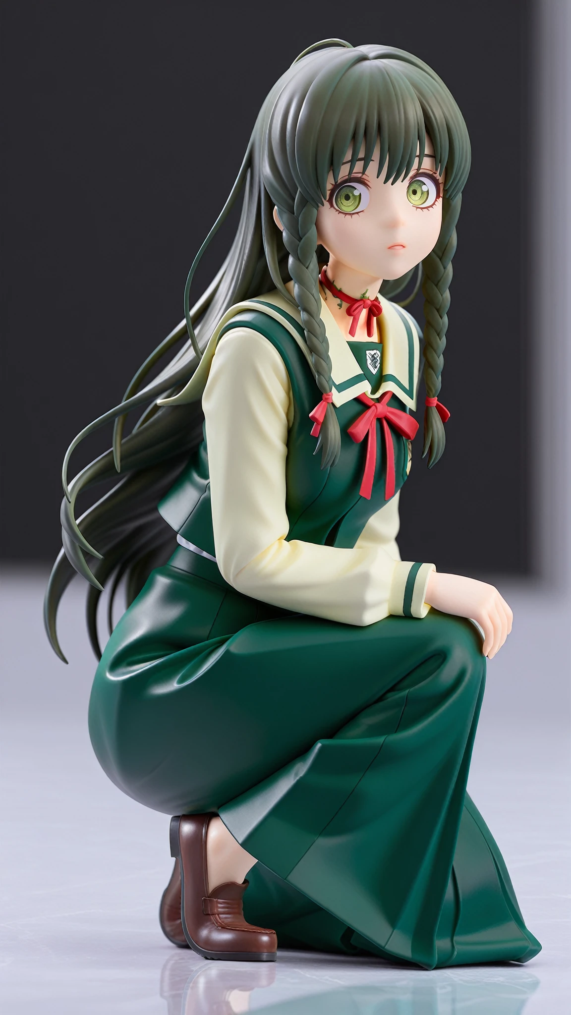 anime girl who is around 19 years old in college She has beautiful brown skin, with long green hair with curtain bangs and light brown eyes --auto