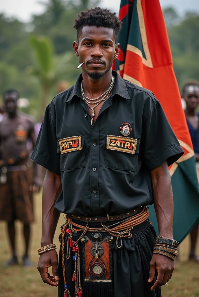 An african large man dressed in the color of the flag of Togo with a big scissor in hand to cut the electricity on the roof of houses in a poor neighborhood in Africa