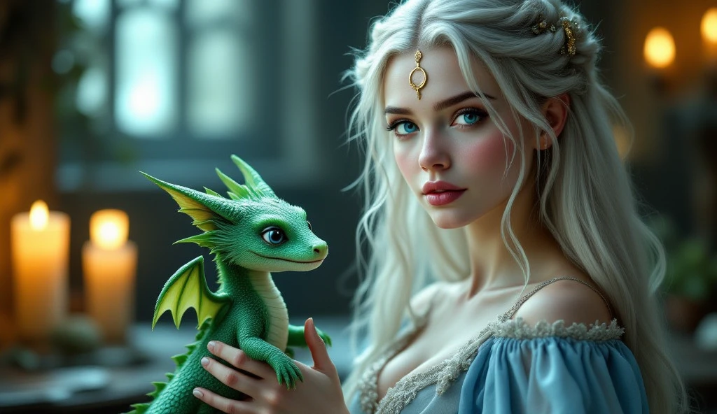 girl in a magical forest, elf girl, 1girl, beautiful detailed eyes, beautiful detailed lips, extremely detailed face and skin, long flowing hair, gracefully hugging a large dragon, dragon curls around the elf girl, dragon detailed scales and claws, fantasy, digital art, (best quality,4k,8k,highres,masterpiece:1.2),ultra-detailed,(realistic,photorealistic,photo-realistic:1.37),vivid colors, dramatic lighting, cinematic composition, epic fantasy scene