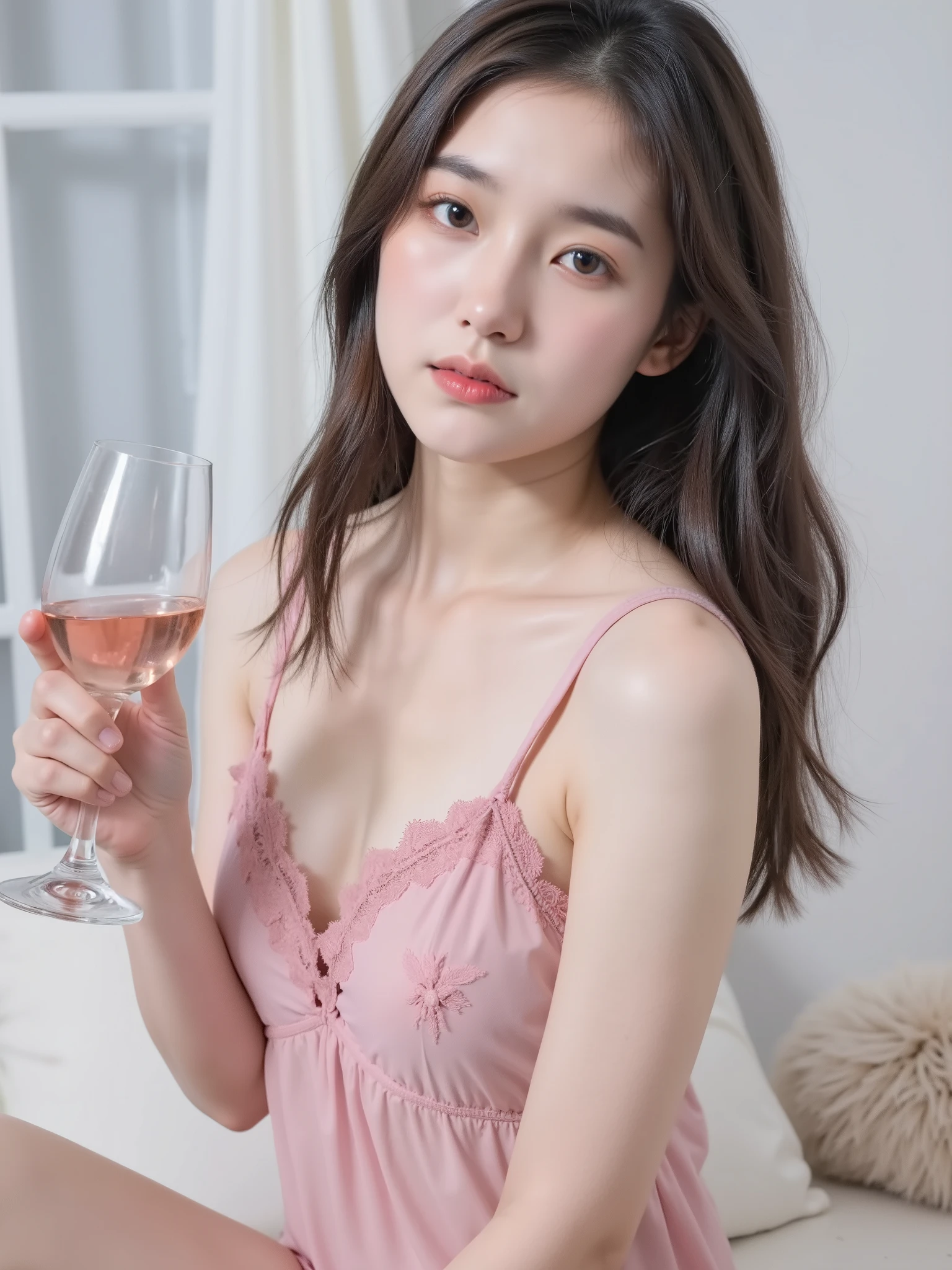 8K resolution, ultra realistic, soft lighting, extremely detailed skin and fabric texture, Asian girl with long black wavy hair, wearing a sheer pink lace nightgown, delicate and feminine, sitting in a cozy indoor setting with white curtains in the background, holding a half-filled wine glass in one hand, looking directly at the camera with a gentle and slightly seductive expression, soft eyes, slightly tilted head, cinematic composition, shallow depth of field, pastel tone, studio-quality photo