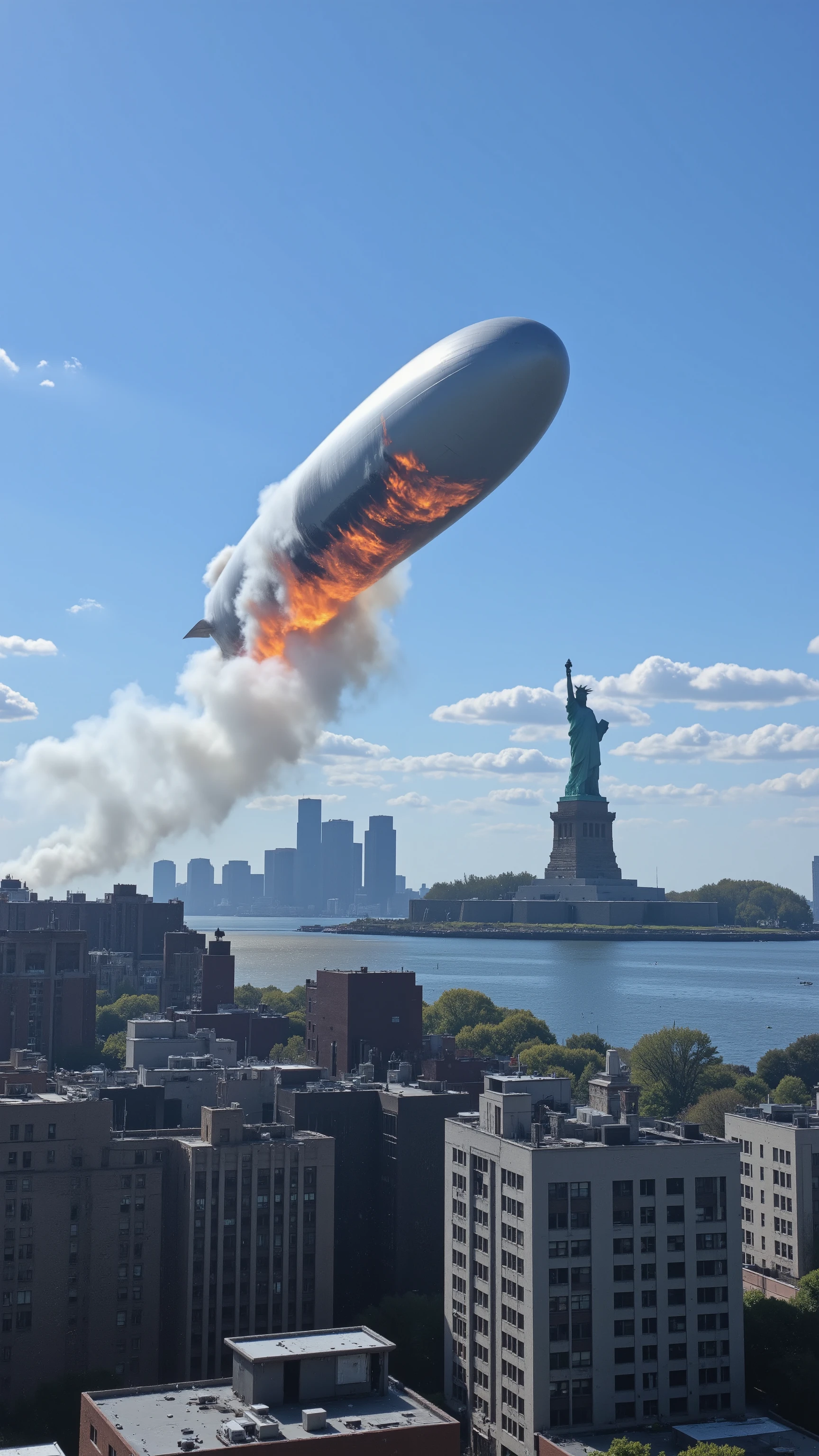 highdefinition images、under the blue sky、the airship Zeppelin is on fire、new york、The flying ship Zeppelin、is burning near the Statue of Liberty off the coast、Panoramic Images、High quality images、viewers、wind、Dynamic、 Manhattan in the background。