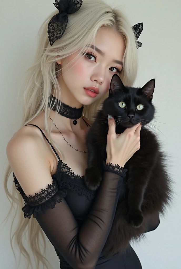 Cute white hair girl plays with black cat, gothic steampunk halloween sticker
