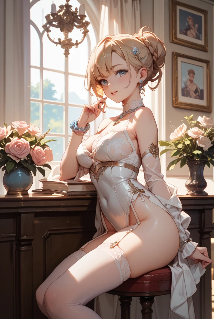 ((highest quality)),(ultra high resolution),(Super detailed),(detailed description),((best CG)),(best work of art),super precision art,great drawing art,(Art with precise details:1.5), (1 Female Fashion Model:1.6),beautiful and well-shaped face:1.6,see through lingerie,smile,shiny skin:1.6