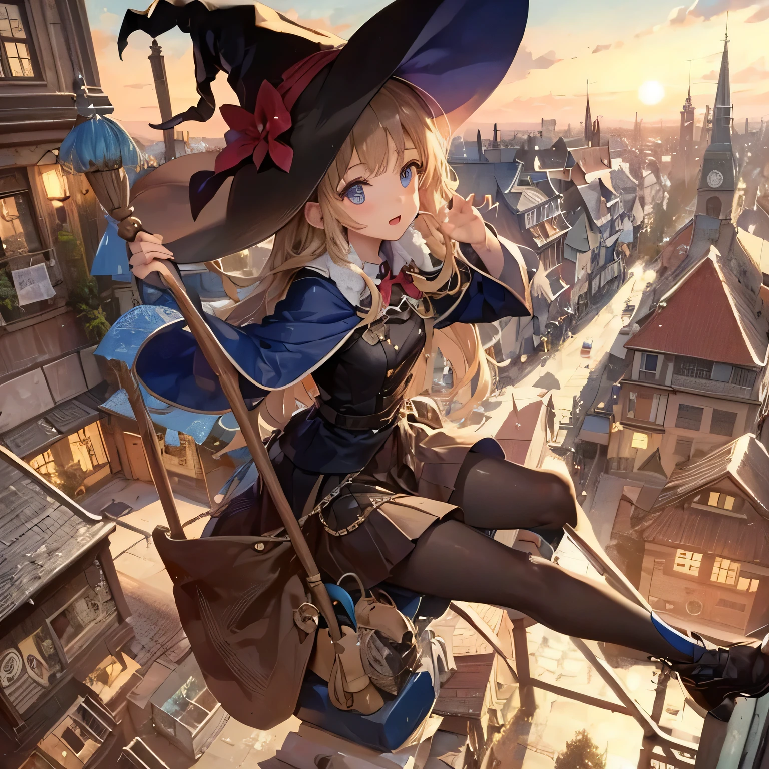 Please draw what you like.8k,1girl, witch, broom riding, fisheye lens, deep background, town scape,masterpiece, best quality, high resolution, premium performance,