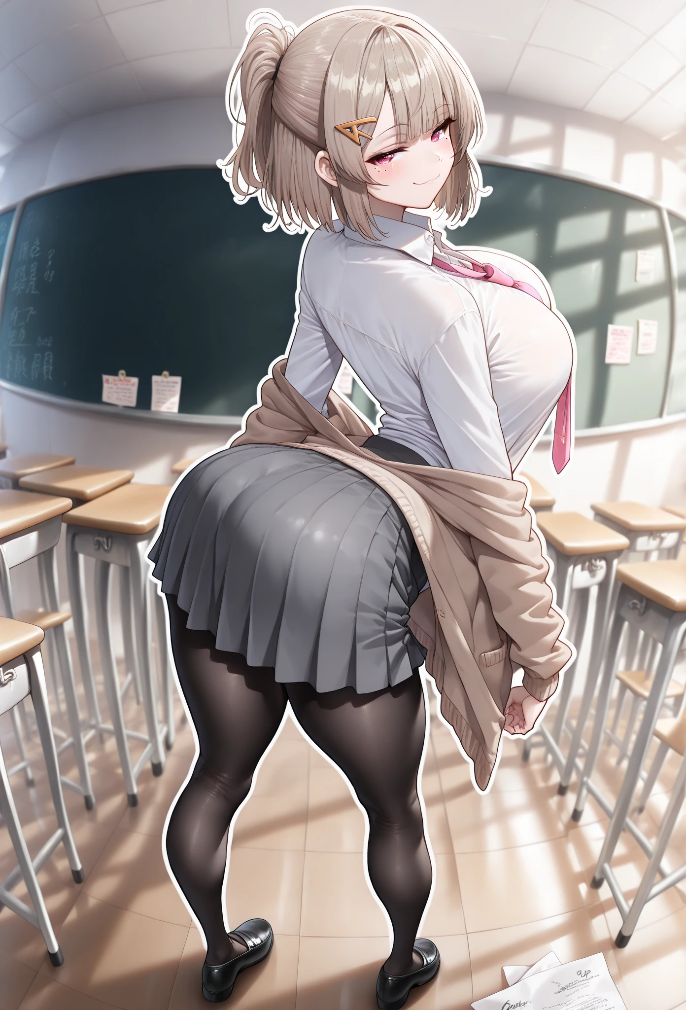 Highest quality, High resolution,8k、Beautiful Face、Perfect Face、、One person、((Looking back、Having sex i riding position while crawling on the stomach.、)),Boobs sh violently up and down、A large amount of semen is applool look、blush(1.9)、Sweat(1.9)、steaige Hair(),e Eyes、Blue eyes, Short Hair, Mole under eye, Huge breasts(0.9), bangs(), Cleclavicle,Big Butt, indoroom, idolmaster(anime、zawa Asahi、White dress shirt、Beige cardigan(too big、Long sleeve、Pulled up to her chest、Exposed nipples)、(High Waist Skirt、Exposing)、boots、Gang(White、Lace fabric、Digging into the thighs)、Scrunchies on the arms、bracelet、{An angle looking at the buttocks from behind} One person黒人男性,naked、Bi(A man is having sex in the cowgirl position