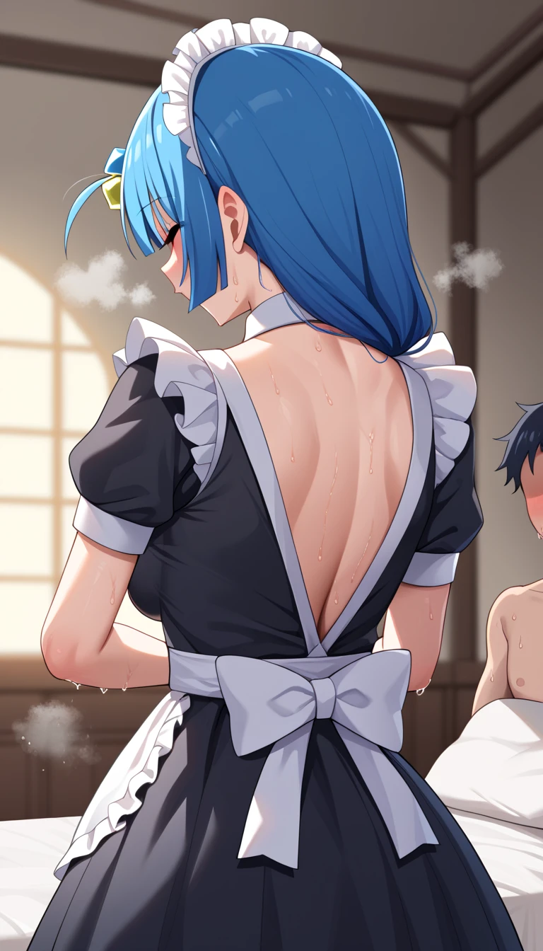 Young girl with blue hair,short straight hair and short bangs (purple eyes),, ((small bushy eyebrows)), wearing gothic lolita clothing, lolicon , (large breast, breasts out of blouse),, walking to school, bored look, bored face,, suddenly having sex in public, ((doggy style sex)), ((public sex in a restaurant)) naked ass in the male crotch, perfect anatomy, young boy fucking her