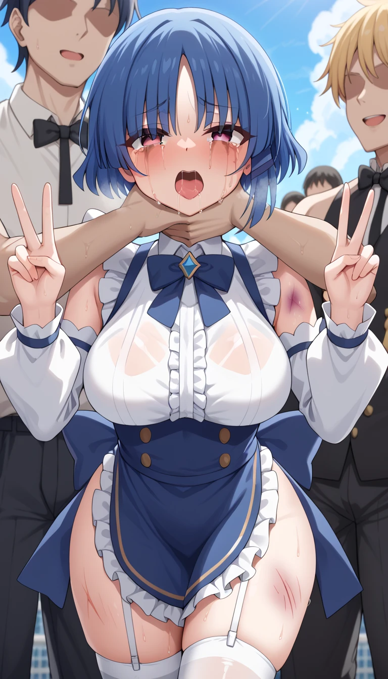 (masterpiece、Highest quality:1.2),Sailor Saturn、 Hotaru Tsuchimoto、Highest quality, Tabletop, Portraiture、Sweating excessively、Taking a break on a crowded train、Man plucking nipples from behind ))、((Open chest、Pants with a torn crotch area)), suffering、(Crying in frustration), (BDSM), Contempt, logic,  outside,lotion, solo、Spread your legs、Bow-legged、desire、Difficulty breathing、sexual expression、A large amount of murky fluid drips from the genitals、((strangle,Strangulation)),
