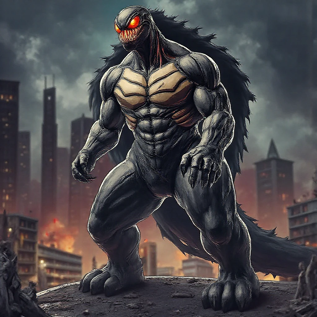 「A terrifying monster wrapped in dark energy.。Venom&#39;s black symbiote、Fusing with Son Goku from Dragon Ball、Muscle々With a strong body、It has sharp fangs and glowing red eyes.。His body was covered in a black liquid-like symbiote.、Golden aura is leaking out here and there.。On his back、Son Goku&#39;s Super Saiyan hairstyle turns into giant thorns、The tail is undulating like a snake、Occasional green lightning flashes。In the right hand、He clutches the Kamehameha sphere, ready to unleash a wave of energy.、The left hand has sharp claws、He emits such power that the air around him is distorted.。This monster stands on the raging earth、The silhouette of a ruined city can be seen behind。」