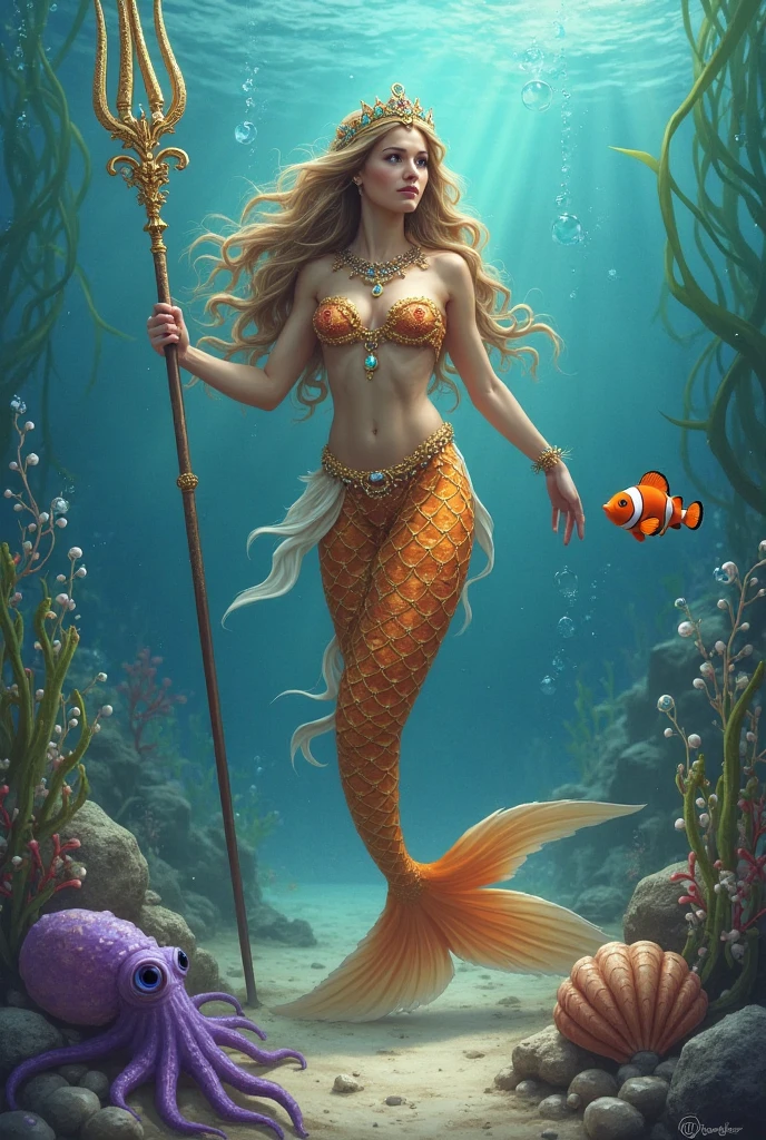 a woman with a starfish over her eyes wearing it as if it were a mask over her eyes and the starfish has small blue lights that shine, the woman stands on a black stone carved with symbols in a rough sea rising hands towards the sky in a Sandro Botichelli style painting, with slightly blue skin and small scales on her face, she has long hair decorated with gold and pearly tiaras and breasts covered with shells (Lying position on the carved rock with a pronounced mermaid tail )(MAR PICADO Y LUNA ILUMINANDO) (MUJER REALISTA CON PIEL AZULADA TENUE) mascara de estrella marina tapando sus ojos (piedras muy negras)