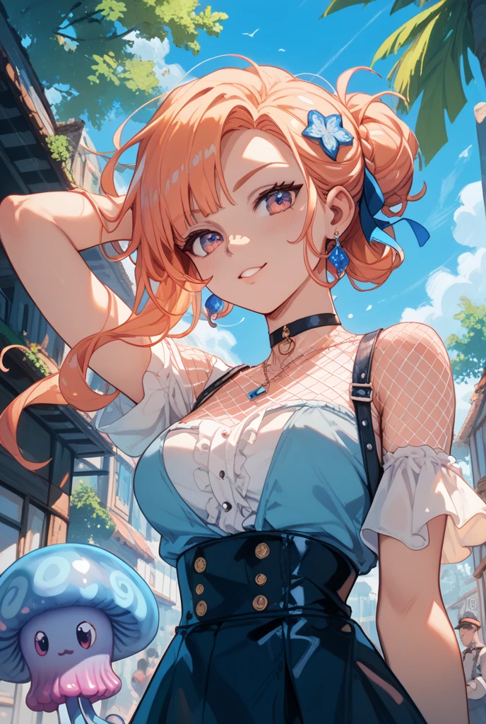 masterpiece, best quality, solo, 1girl, orange hair, blue hair, :D, orange dress, looking at viewer, outdoors,