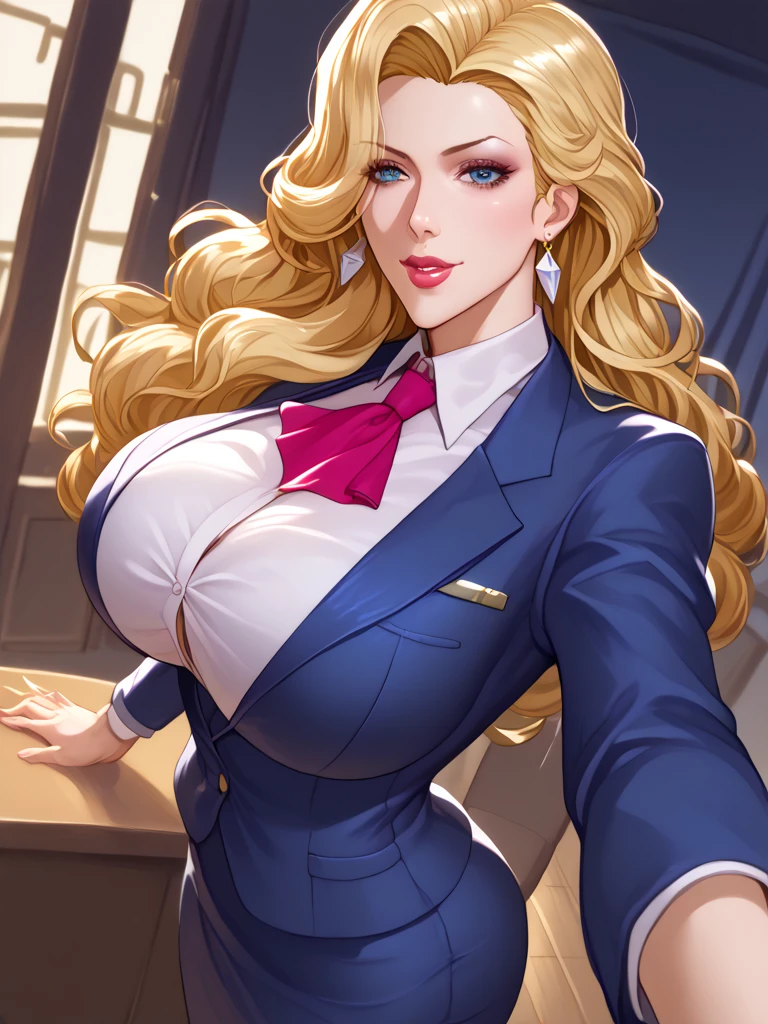 Score_9, score_8_up, score_7_up, score_6_up, score_5_up, score_4_up, source_anime, solo, 1girl, makeup, whore, prostitute, Mature female, sagging huge breasts, wide hips, thick thighs, BREAK Reiko Akimoto, long hair, blonde, necklace, shirt, business jacket, huge areolae, areola slip, black areolae, earrings, earrings, microskirt, fishnet thighhighs, walking, sideview, brown eyes, long eyelashes, looking at viewer, pov, indoors, crowded, office, night time, blurry background, window, city lights, covered nipples, bracelet, seductive smile, long fingernails, nail polish, collarbone, head tilt, hairy stomach hair, hairy armpit hair, bukkake cum shot,  sperm, showing armpit