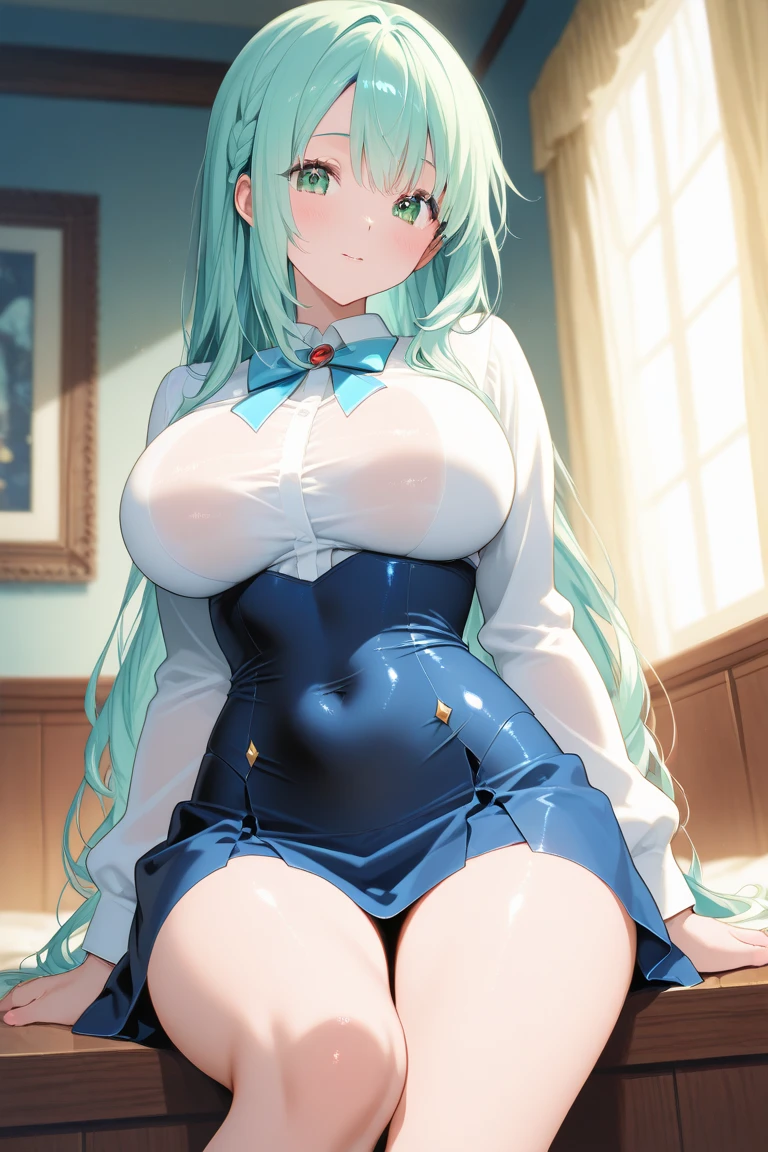 ((A Pretty nude high school girl sitting on the bed)), ((lifting up the white collar shirt)), a red ribbon, wearing the pleated skirt, Baby face, ((top-quality, master piece, ultra-definition, high resolution)), anime girl, ((ultra-detailed illust:1.2)), 1 girl, bangs, hair between eye, green hair, beautiful hair, blue colored eyes, Shiny eyes, ((highlight in the eyes)), ((detailed eyes:1.2)), ((super gigantic breasts:1.3)), huge breasts, Soft breasts, cleavage of the breast, show breasts, emphasize the breasts, focused on breasts, ((erected nipples)), Big smile, enjoyed, laughing, opened mouth, belly button, slender thighs, take off clothes, Night view from the window, ((fireworks in the background)), ((in the Dark room, Backlighting))