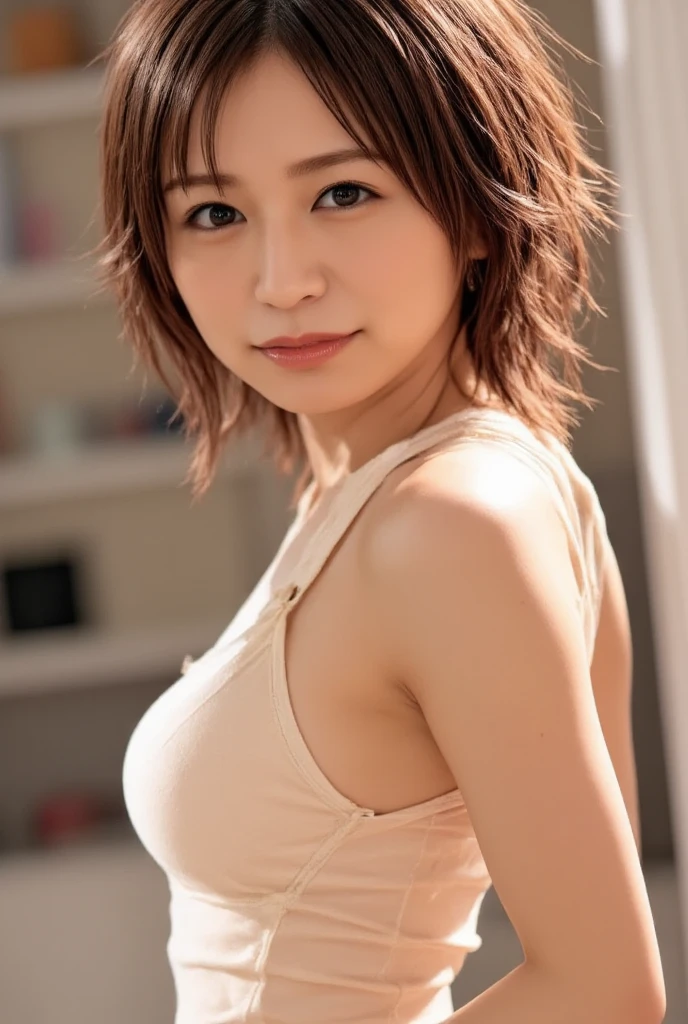 Highest quality、Realistic、8k、Ultra-high resolution, Realistic、detailed、Skin Texture、超detailed、(Very cute girl、beautiful girl)、Delicate and sexy collarbone、thin、Slender body、smile、非常にdetailedな顔、detailedな唇、Delicate eyebrows、Full body photo、School classroom、 (Leaning forward:1.2、Her cleavage is visible: 1.6)、Wearing a white tank top:1.6、Realistic、(Very short hair:1.6)、(Small breasts:1.4、Flat Chest:1.4)、Large erect nipples