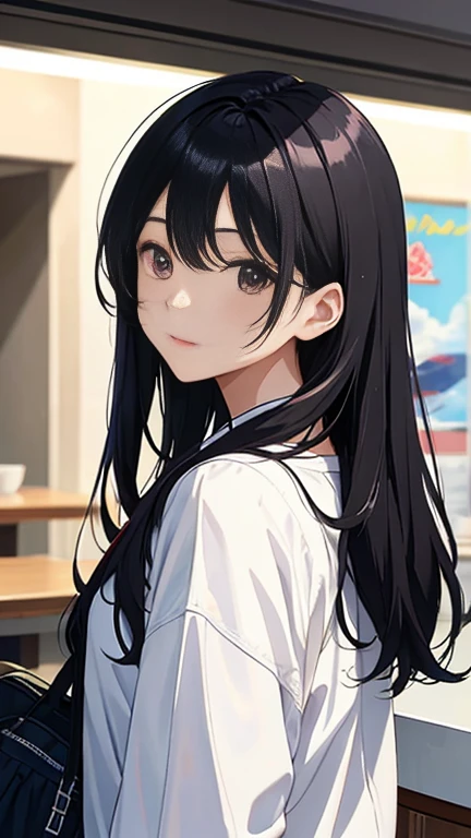A girl is in、sobu、brightly、The shirt、skirt by the、Summer clothing、Morning、Long black hair、Upper body portrait