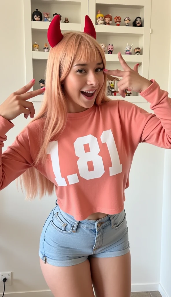 "Create an image of a cute 21-year-old girl. She is wearing a baby pink shirt and short jeans. She has white hair and a smiley face. She is saying 'hello' in a room with a sofa and a table in the background, resembling a living room. She is also wearing Nike shoes."