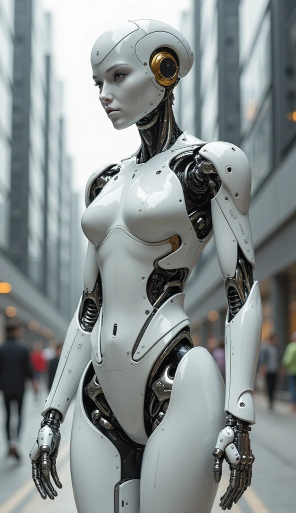 beautiful woman-robot, futuristic city backdrop, intricate mechanical parts, slender graceful humanoid form, magnificent ??????? and physique, 1/2 body crop, best quality, 4k, 8k, highres, masterpiece:1.2, ultra-detailed, realistic, photorealistic, photo-realistic:1.37, HDR, intricate details:1.12, intricate details, hyper-detailing:1.15, natural skin textures, hyper realistic, soft light, Sharp:1.2